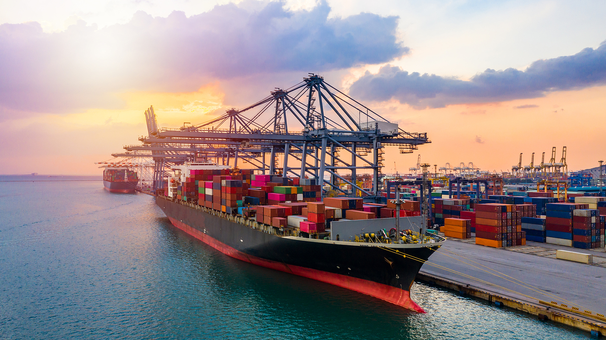 Aerial view container ship carrying container in import export b